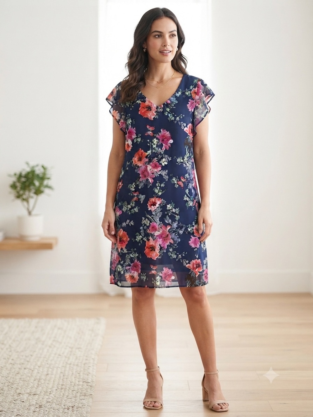 R&K Blue Floral Chiffon Flutter Sleeve Shift Dress Size 18